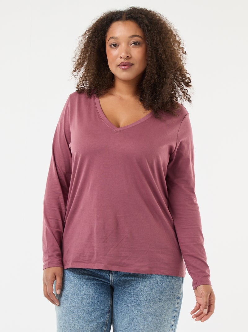 Tee-shirt en jersey avec col V et manches longues Rose - Kiabi