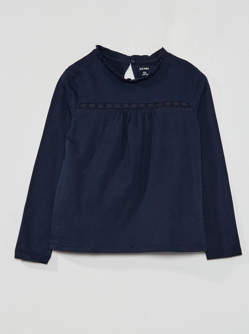 Tee-shirt en jersey avec dentelle devant bleu marine - Kiabi