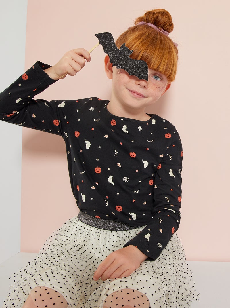 Tee-shirt en jersey avec imprimé fantaisie Noir 'citrouille' - Kiabi