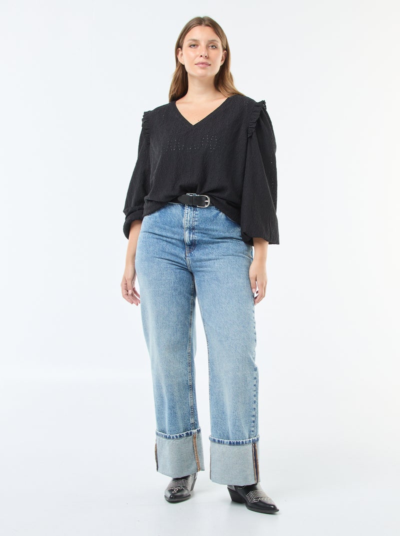 Tee-shirt en maille ajourée avec épaules volantées Noir - Kiabi