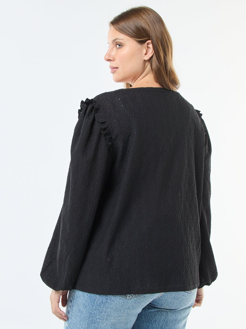 Tee-shirt en maille ajourée avec épaules volantées Noir - Kiabi