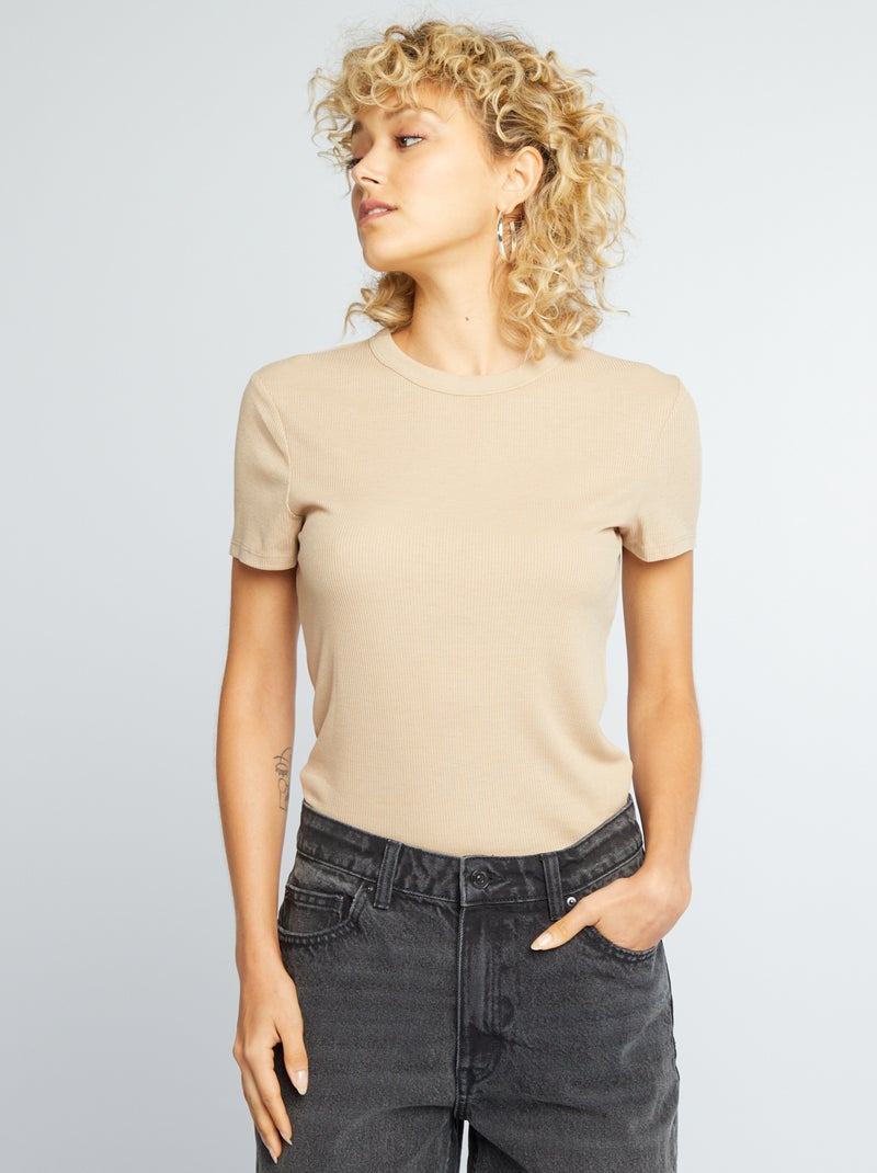 Tee-shirt en maille côtelé Beige - Kiabi