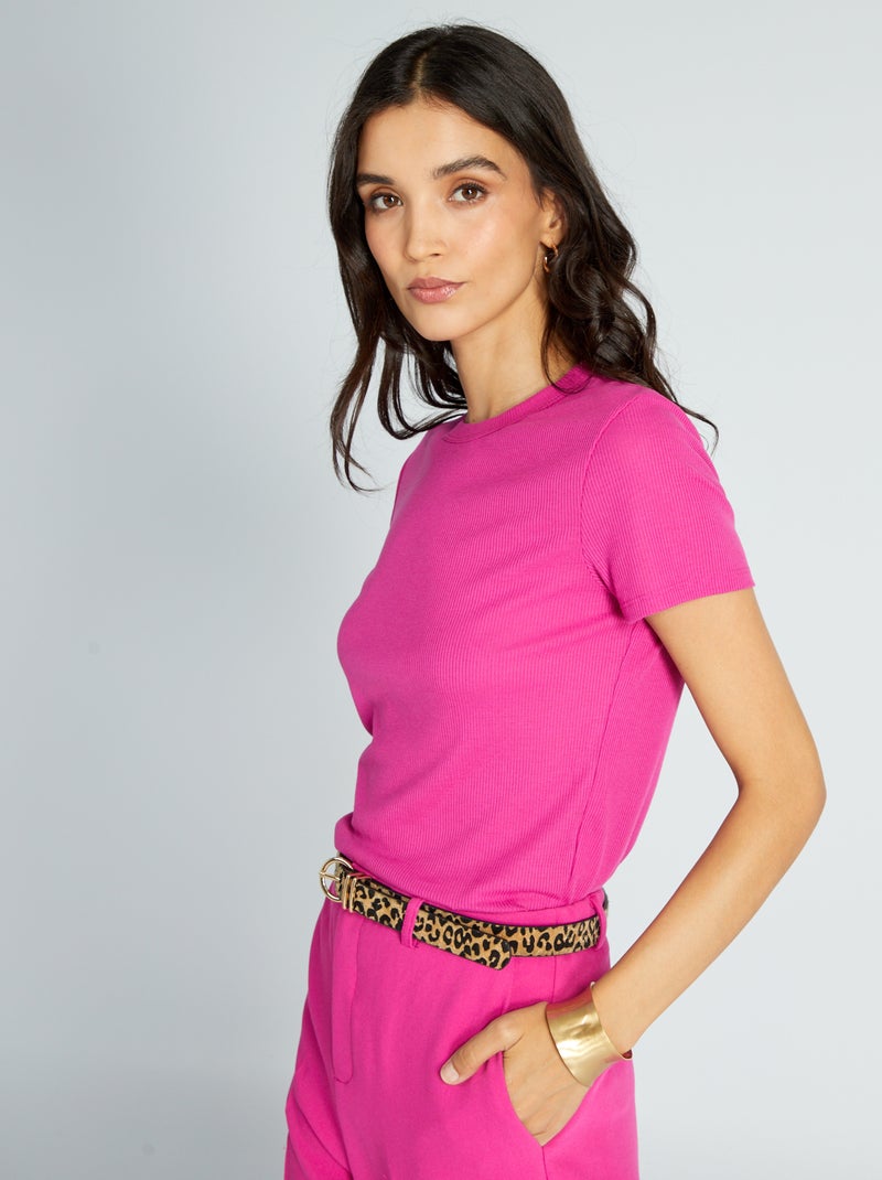 Tee-shirt en maille côtelé fuchsia - Kiabi
