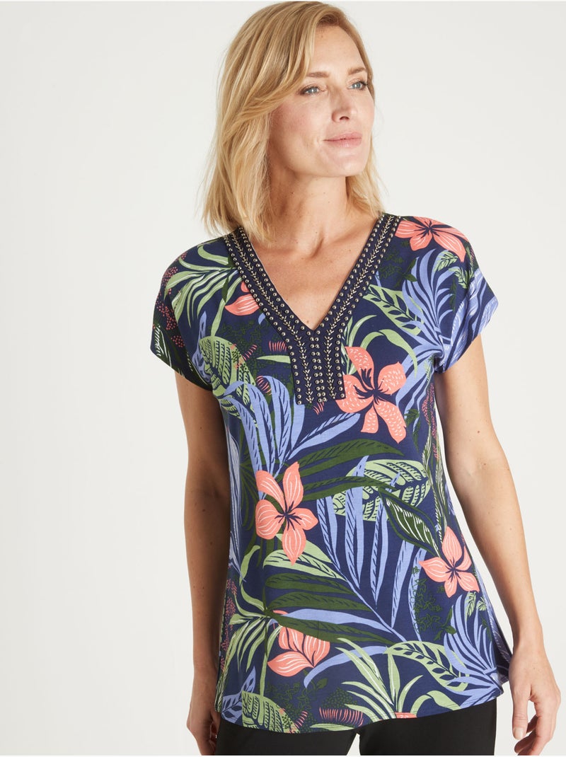 Tee-shirt encolure perles fantaisie - DAXON Bleu Rose - Kiabi