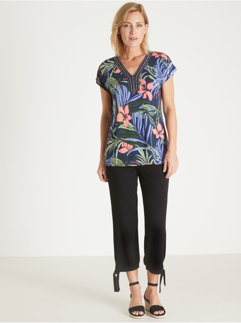 Tee-shirt encolure perles fantaisie - DAXON Bleu Rose - Kiabi