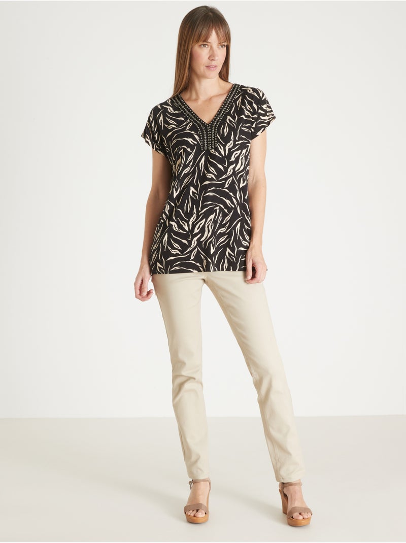 Tee-shirt encolure perles fantaisie - DAXON Noir Ecru - Kiabi