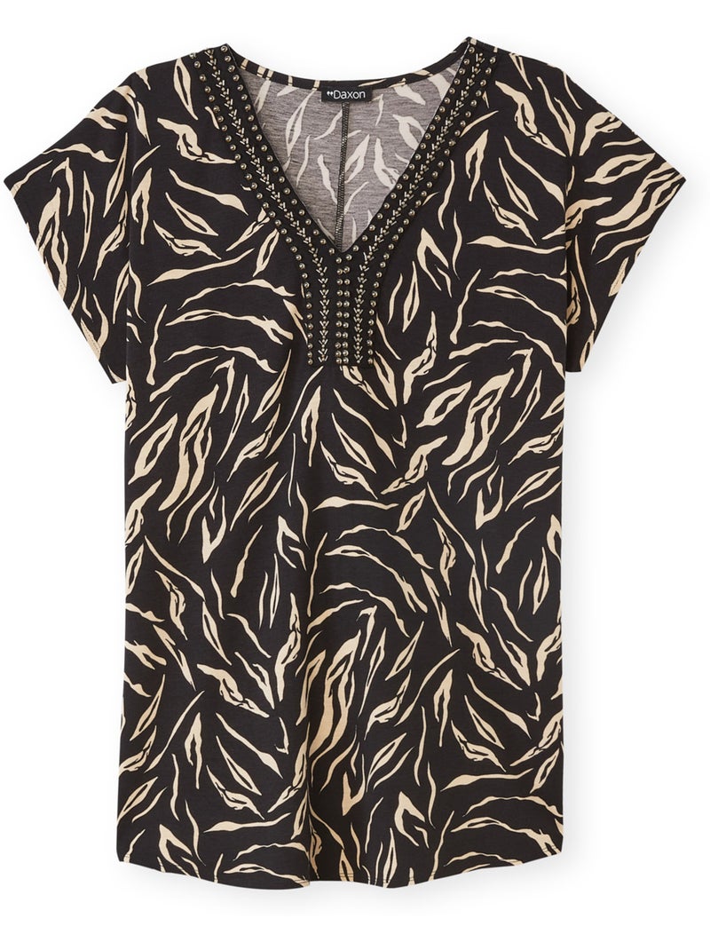 Tee-shirt encolure perles fantaisie - DAXON Noir Ecru - Kiabi