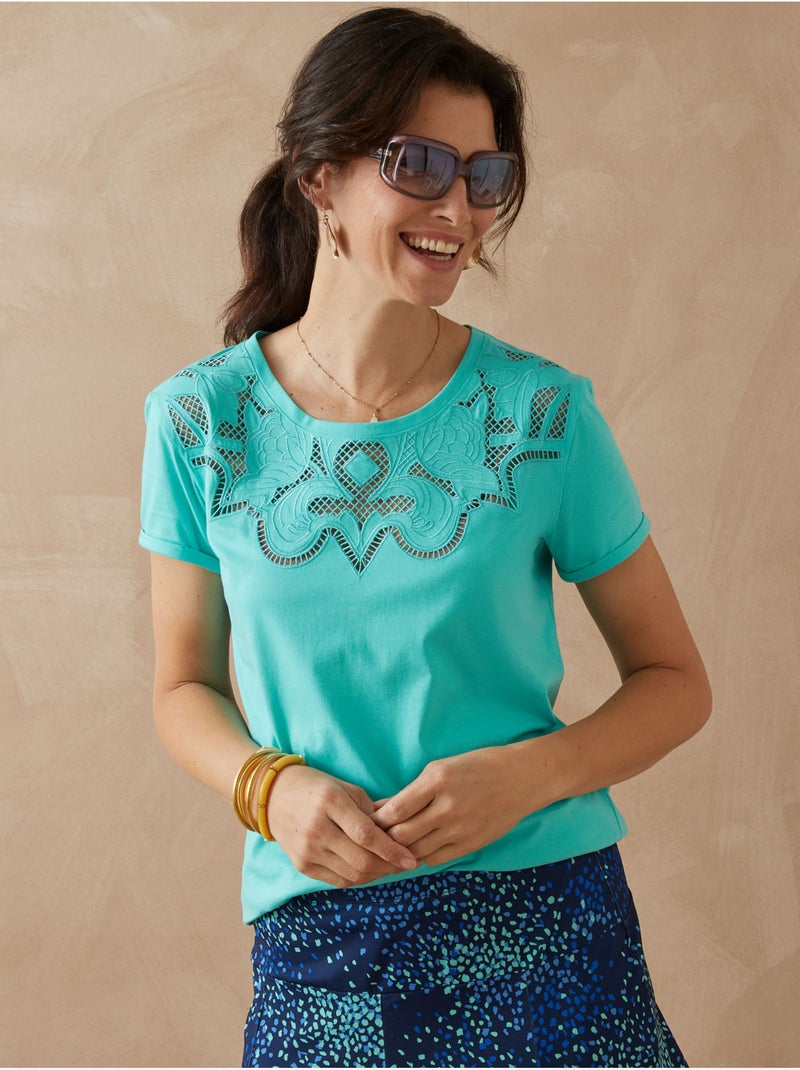 Tee-shirt fantaisie brodé et ajouré - DAXON Bleu aqua - Kiabi