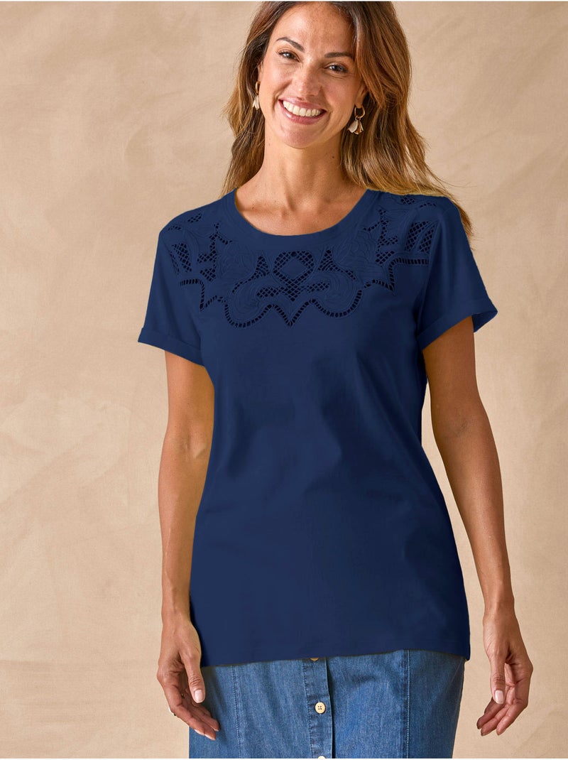 Tee-shirt fantaisie brodé et ajouré - DAXON Bleu marine - Kiabi