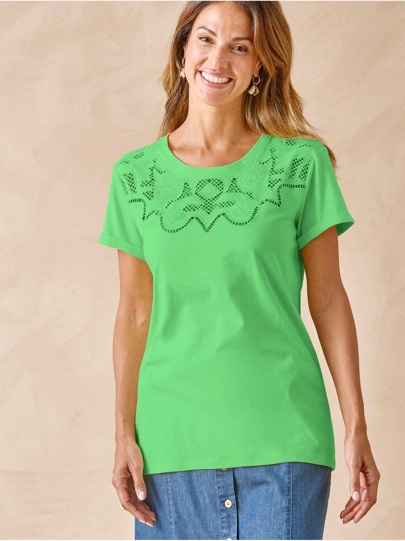Tee-shirt fantaisie brodé et ajouré - DAXON Vert foncé - Kiabi