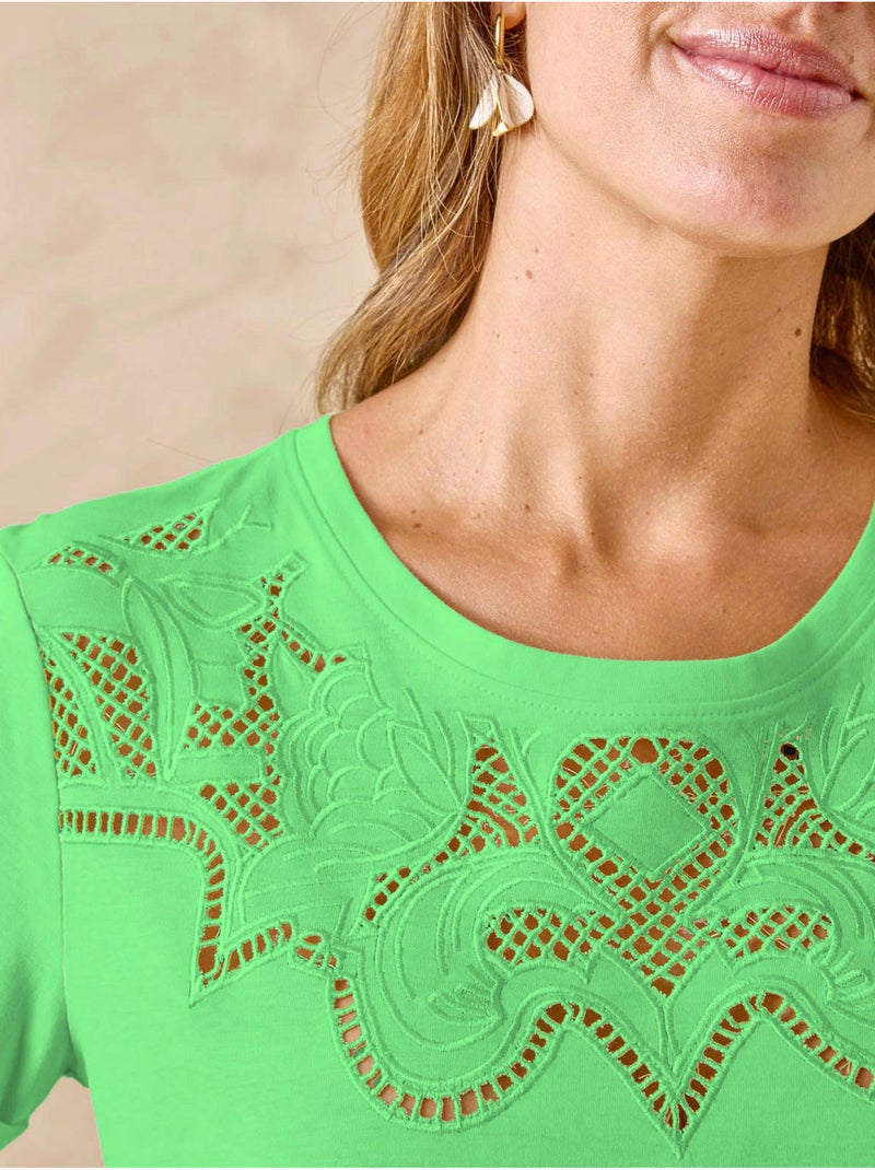 Tee-shirt fantaisie brodé et ajouré - DAXON Vert foncé - Kiabi