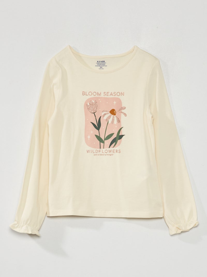 Tee-shirt imprimé et manches ballon Ecru/rose - Kiabi
