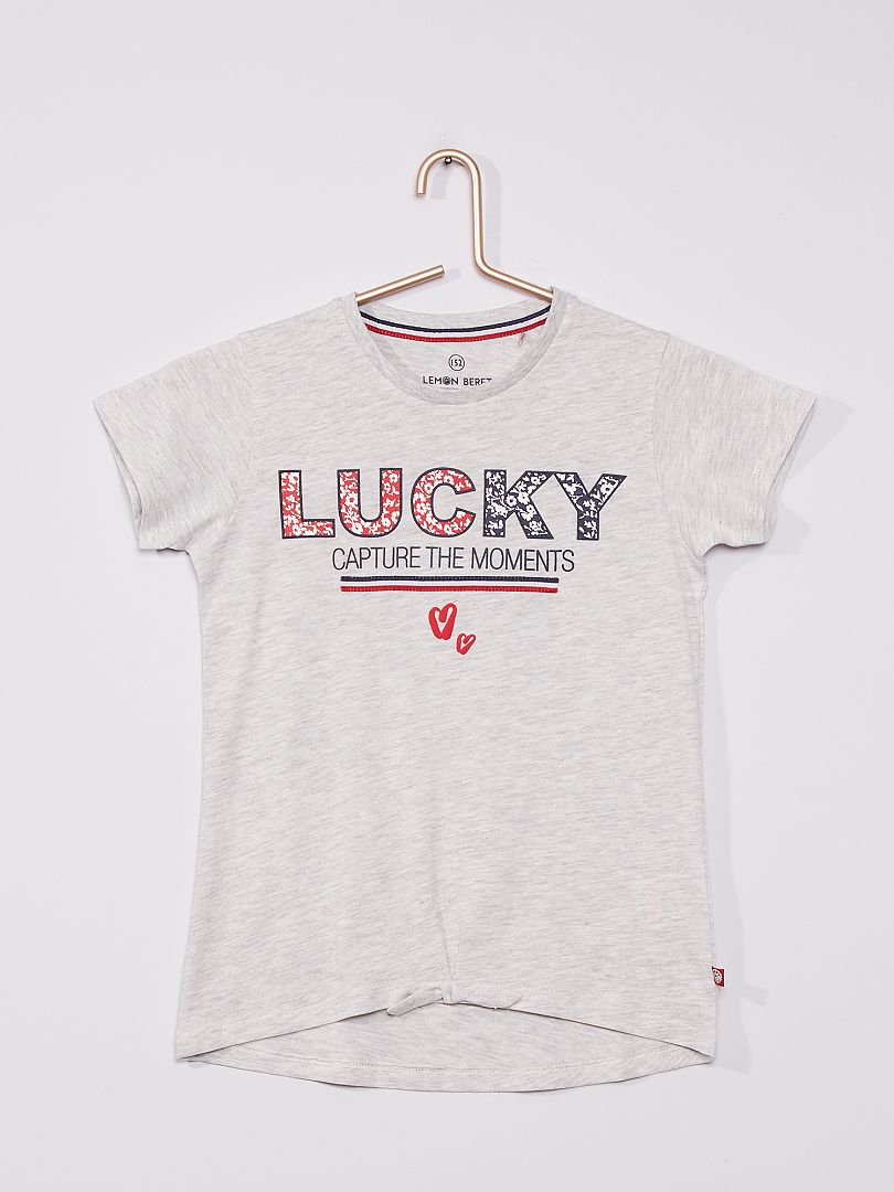 Tee-shirt imprimé 'Lucky' en relief gris - Kiabi