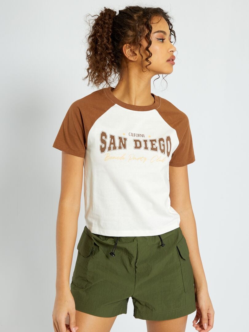 Tee-shirt imprimé manches raglan Blanc marron - Kiabi