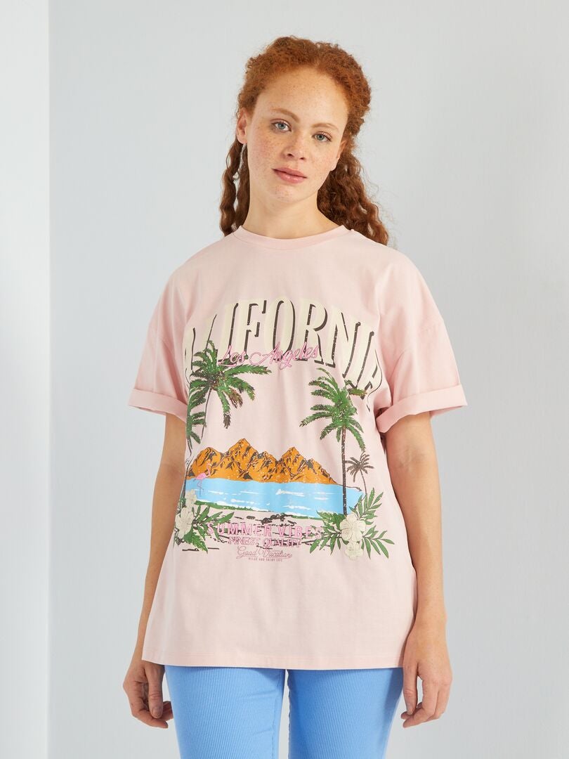 Tee-shirt imprimé 'Palm Beach' Rose - Kiabi