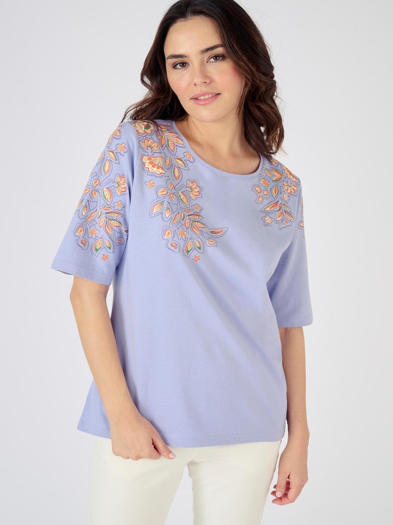 Tee-shirt imprimé placé floral - Damart Bleu lavande - Kiabi