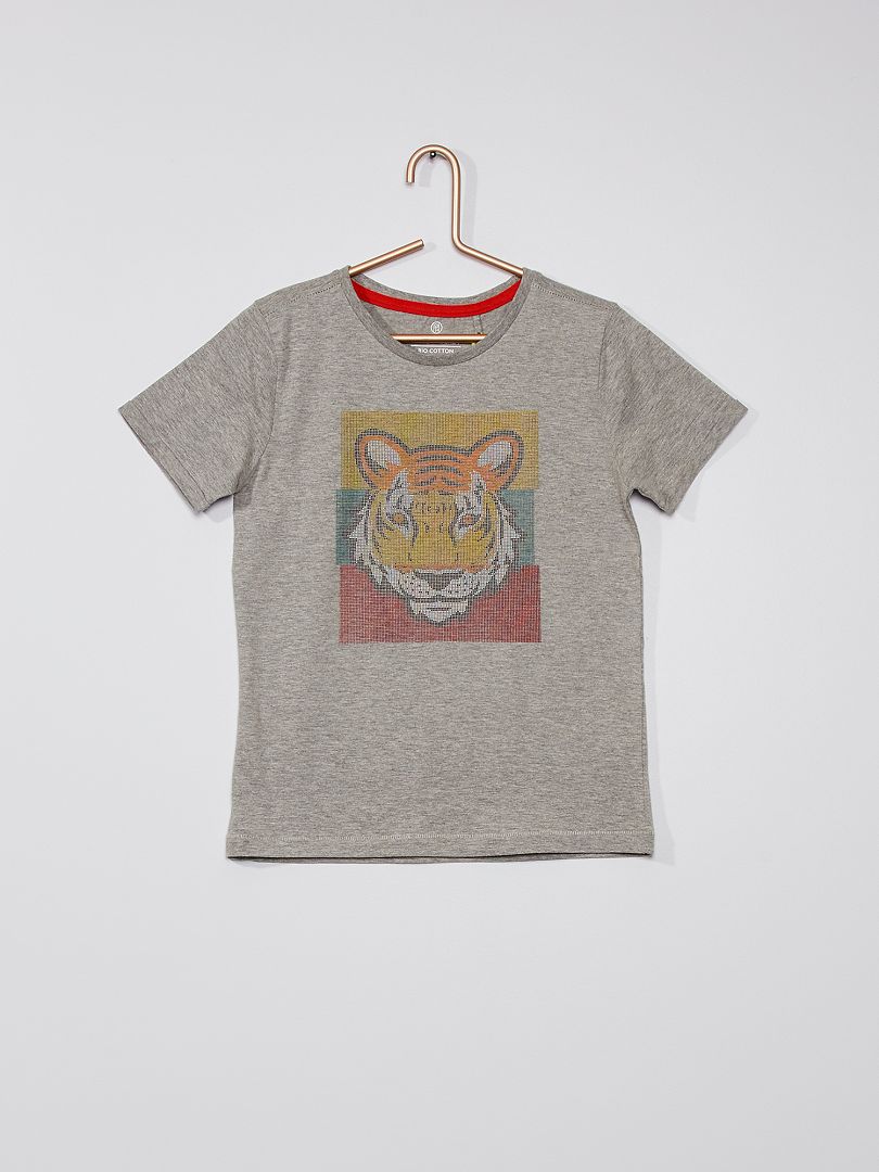 Tee-shirt imprimé 'Tigre' en relief gris - Kiabi