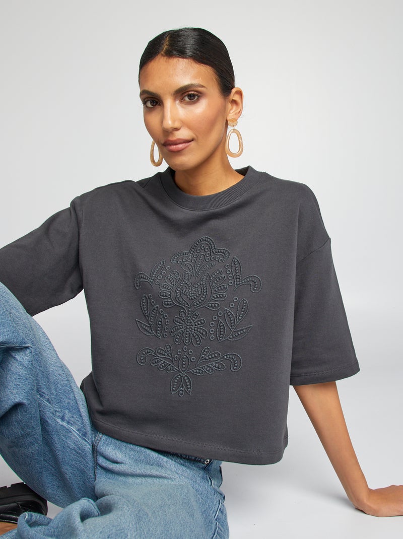 Tee-shirt large crop top Noir - Kiabi