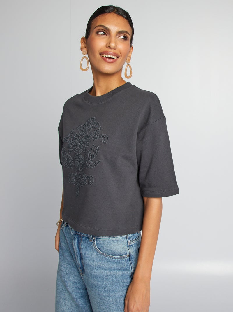 Tee-shirt large crop top Noir - Kiabi