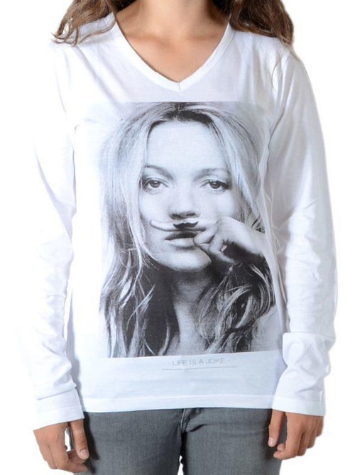 Tee Shirt Little Eleven Paris Kate LS Kate Moss Mixte Garçon   Fille  Blanc M99 - Kiabi