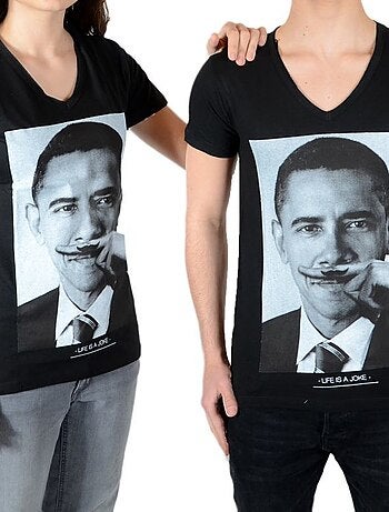 Tee Shirt Little Eleven Paris Obama SS Mixte (Garçon / Fille) Barack Obama Noir - Kiabi