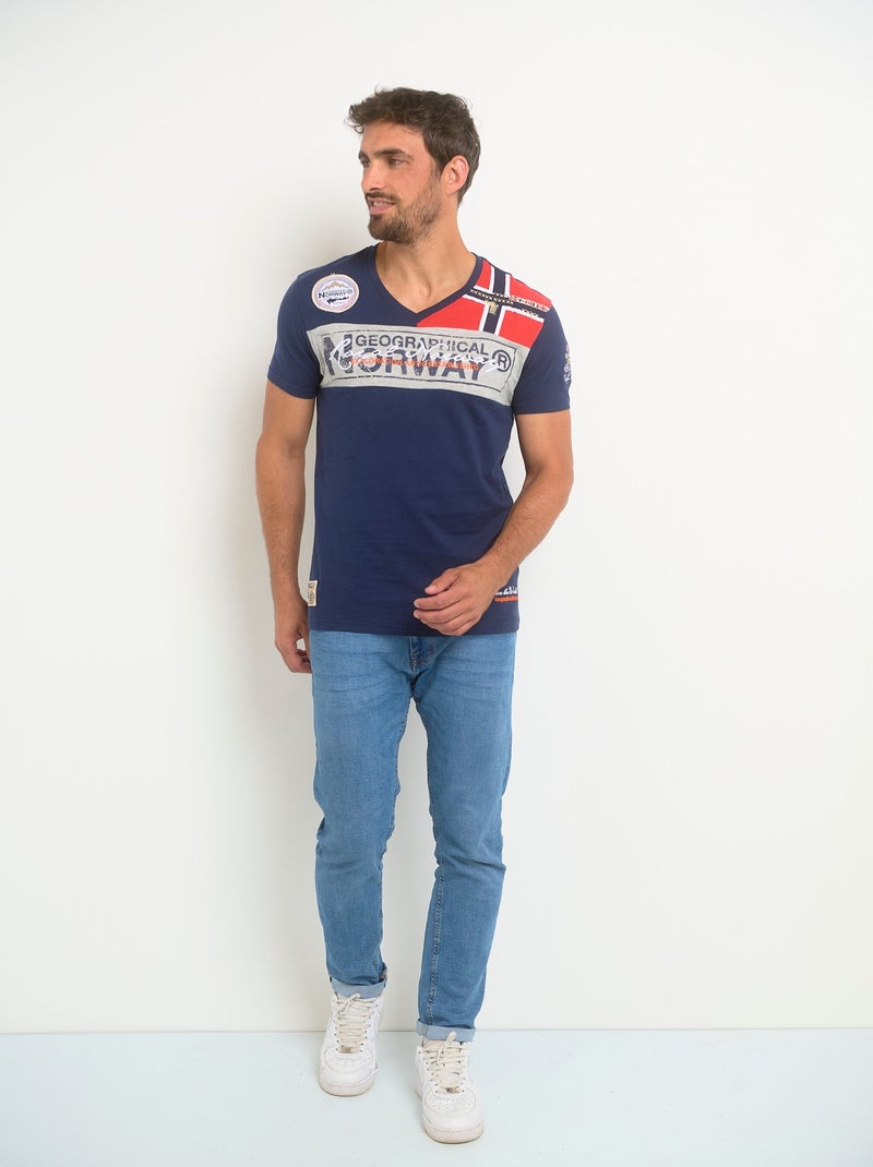 Tee-shirt logo et inscriptions col V Bleu marine - Kiabi