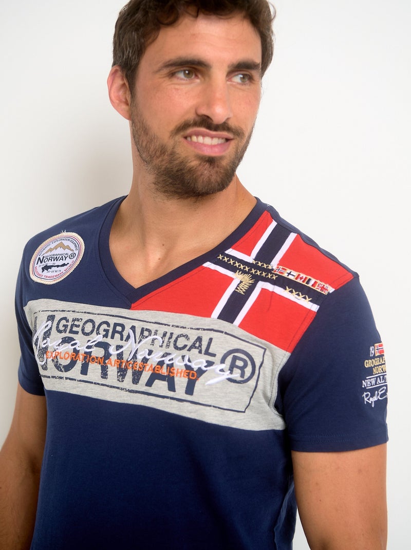 Tee-shirt logo et inscriptions col V Bleu marine - Kiabi