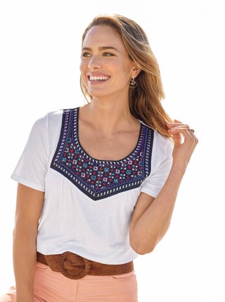 Tee-shirt long ample plastron brodé