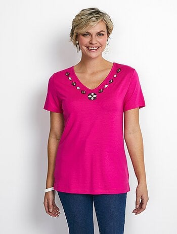 Tee-shirt long col V bijou