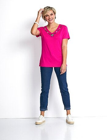 Tee-shirt long col V bijou
