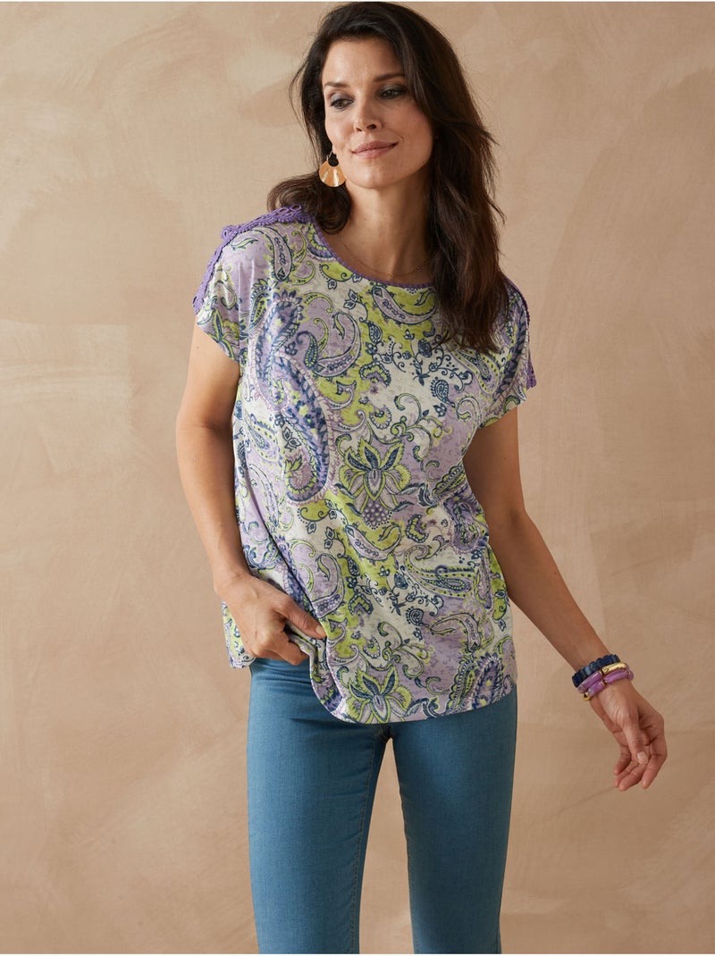 Tee-shirt maiille fantaisie avec macramé - DAXON Bleu Mauve Blanc - Kiabi