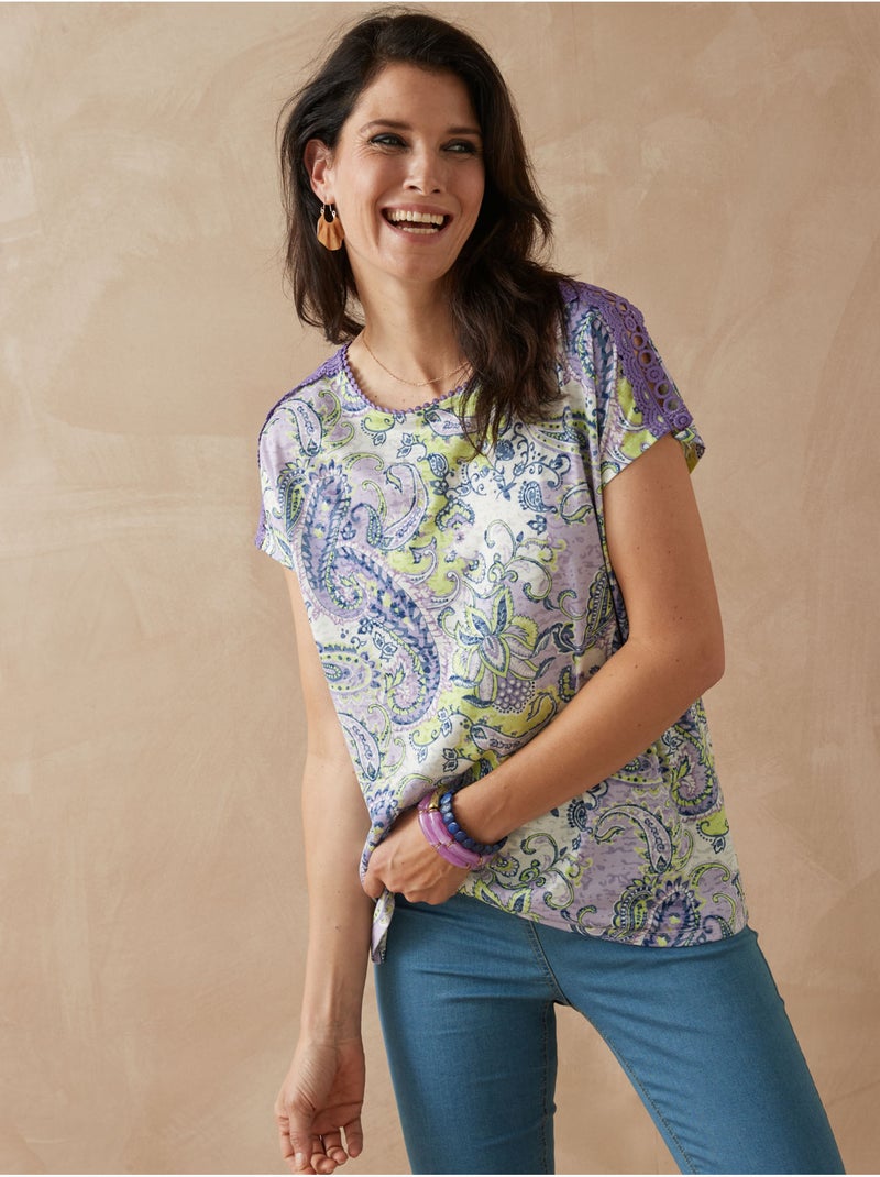 Tee-shirt maiille fantaisie avec macramé - DAXON Bleu Mauve Blanc - Kiabi
