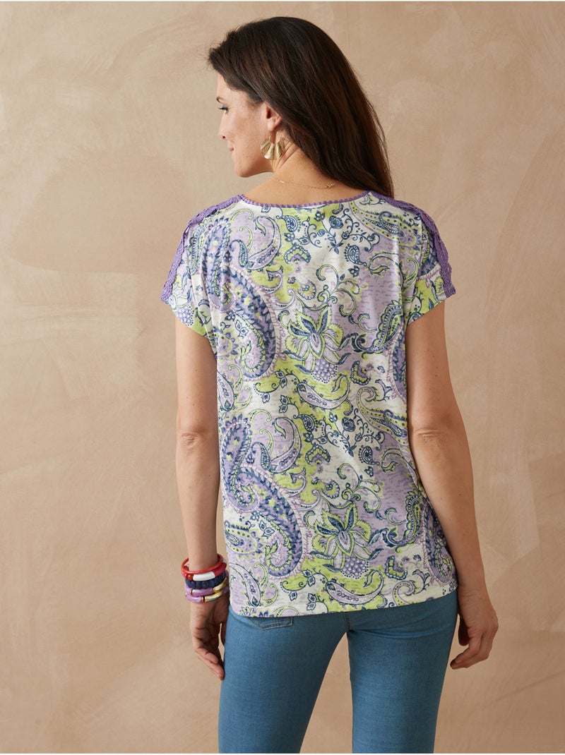 Tee-shirt maiille fantaisie avec macramé - DAXON Bleu Mauve Blanc - Kiabi