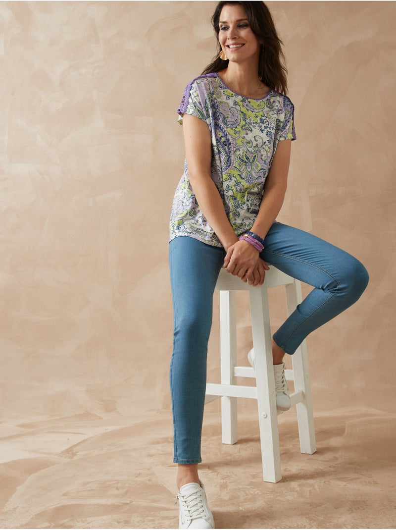 Tee-shirt maiille fantaisie avec macramé - DAXON Bleu Mauve Blanc - Kiabi