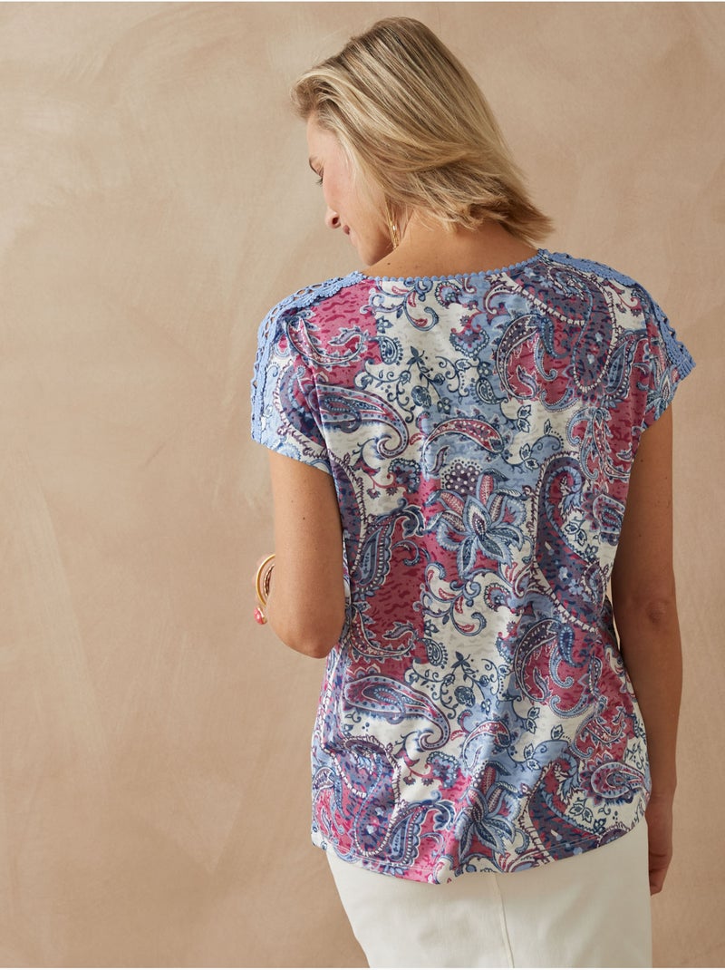 Tee-shirt maiille fantaisie avec macramé - DAXON Bleu Rose - Kiabi