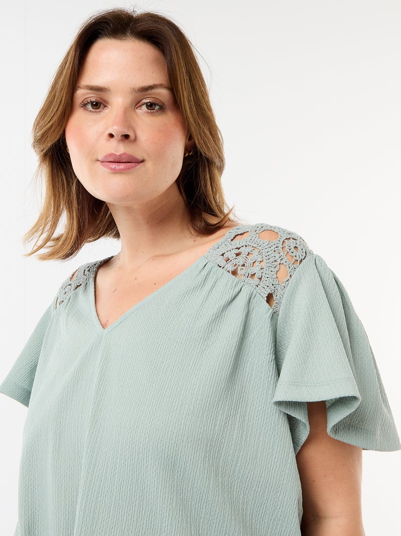 Tee-shirt maille crêpe et macramé Bleu - Kiabi