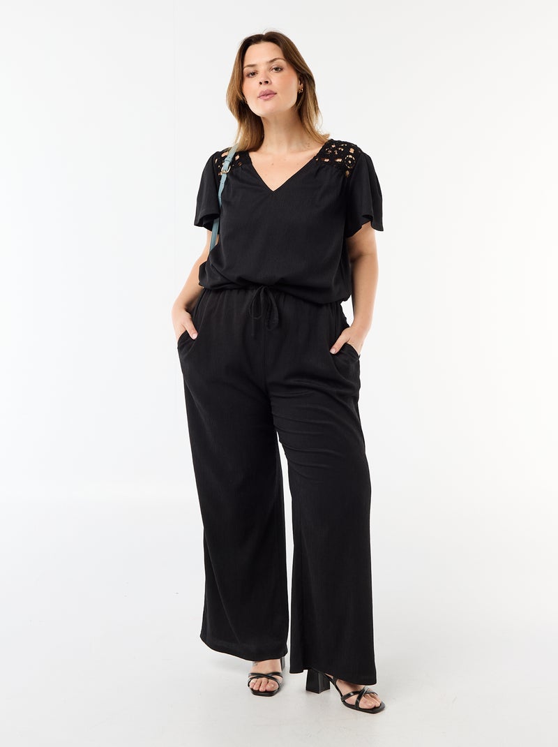 Tee-shirt maille crêpe et macramé Noir - Kiabi