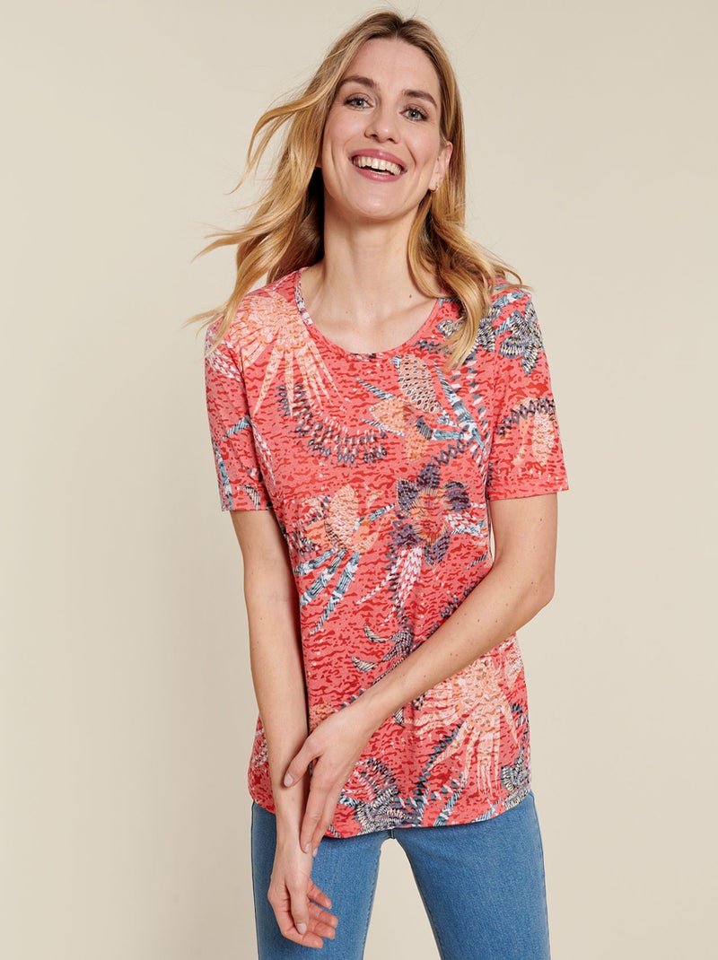 Tee-shirt maille dévorée imprimée - Damart Rouge - Kiabi