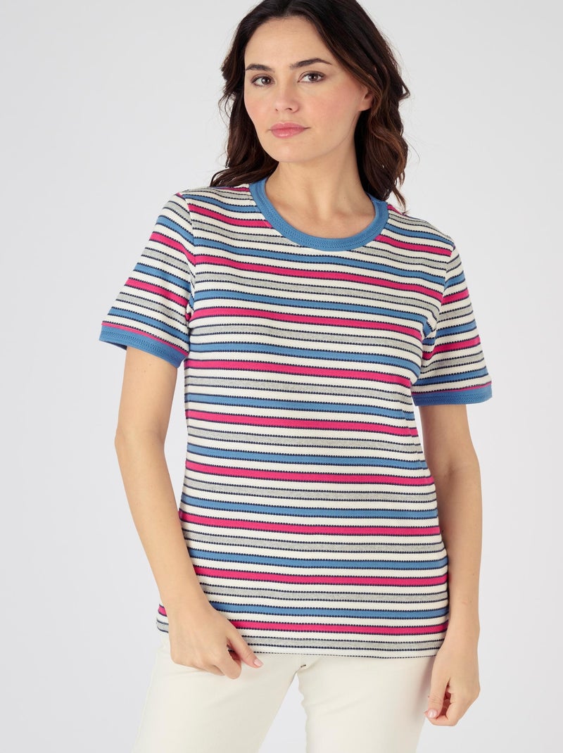 Tee-shirt maille jacquard rayé - Happy D. by Damart Bleu Rose - Kiabi