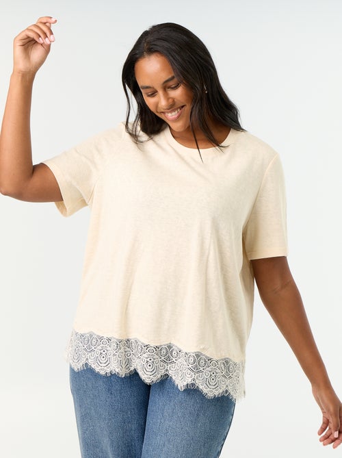 Tee-shirt maille moulinée avec base en dentelle - Kiabi Tee-shirt maille moulinée avec base en dentelle - Kiabi