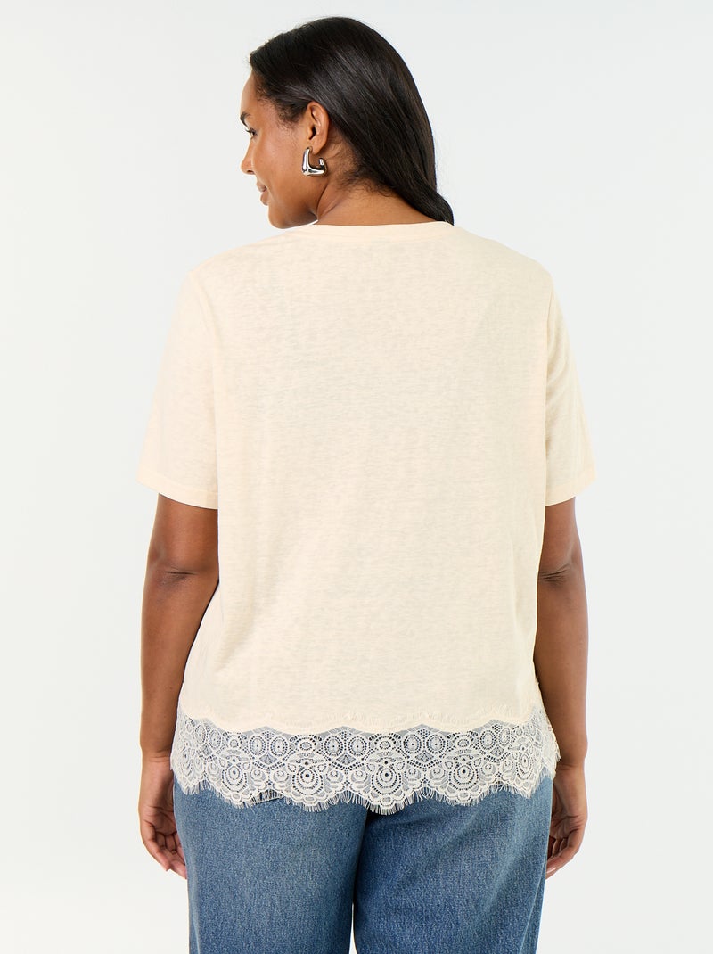 Tee-shirt maille moulinée avec base en dentelle Beige - Kiabi