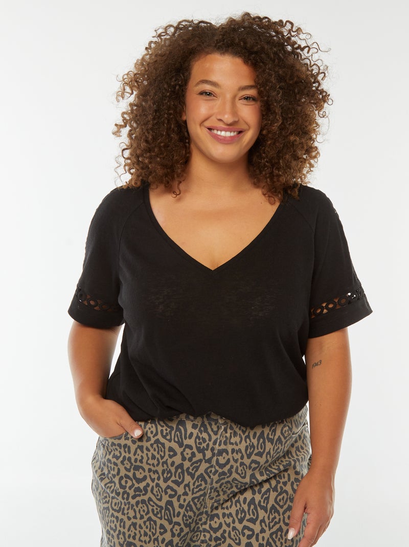 Tee-shirt maille moulinée avec détails macramé Noir - Kiabi
