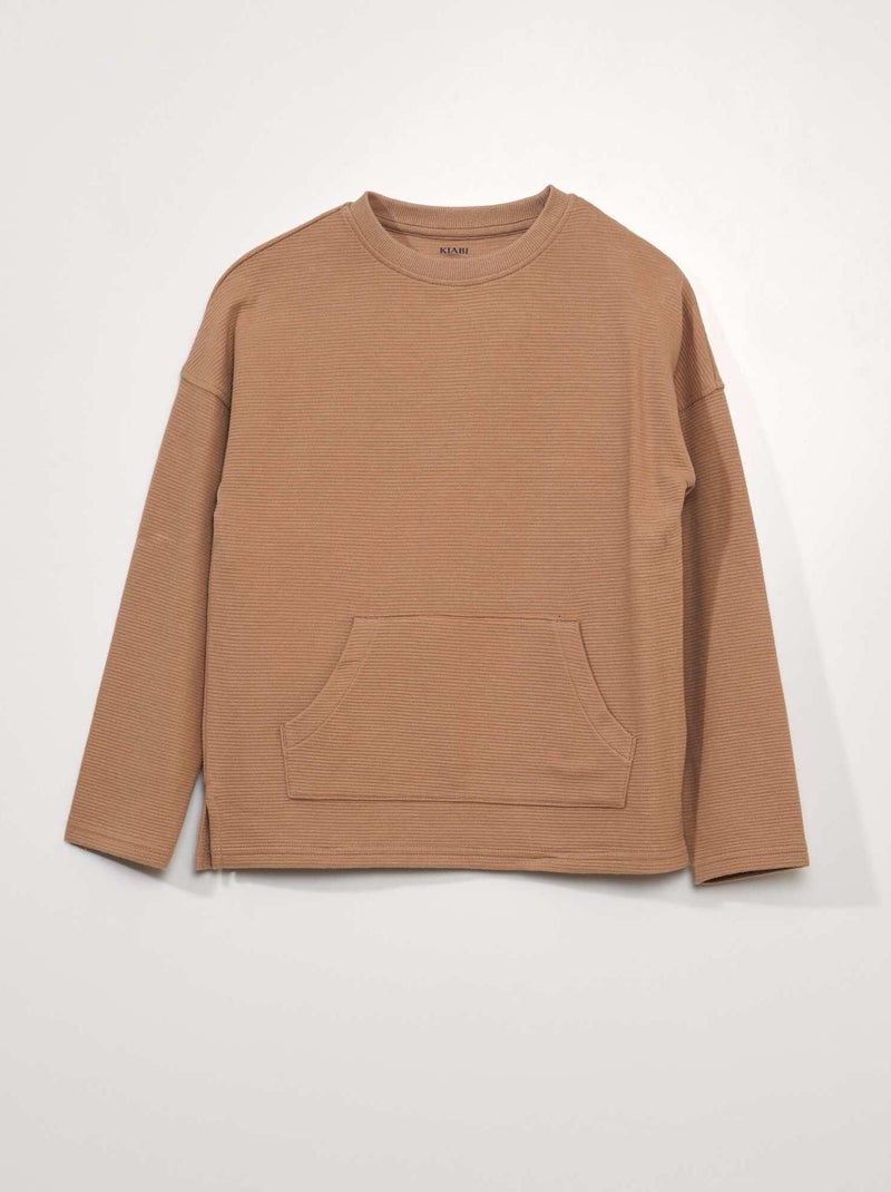 Tee-shirt maille texturée avec poche kangourou Marron - Kiabi