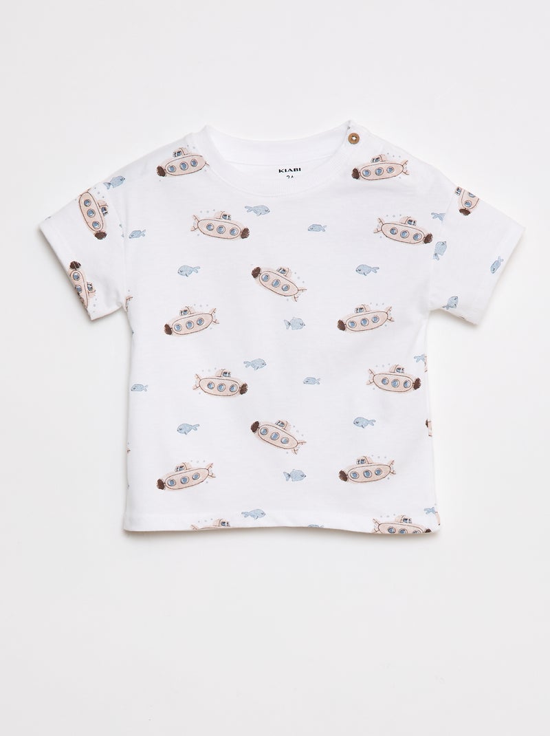 Tee-shirt manches courtes à motifs avec ouverture épaule BLANC - Kiabi