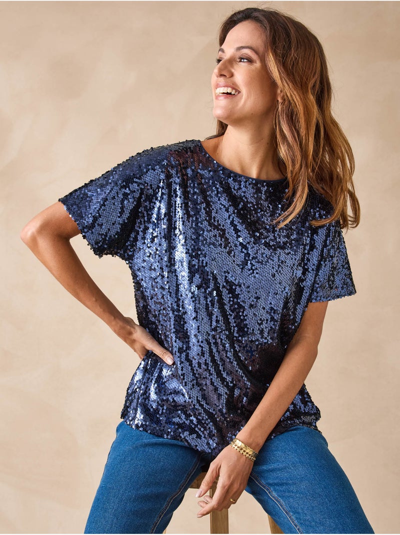 Tee-shirt manches courtes à sequins - DAXON Bleu marine - Kiabi