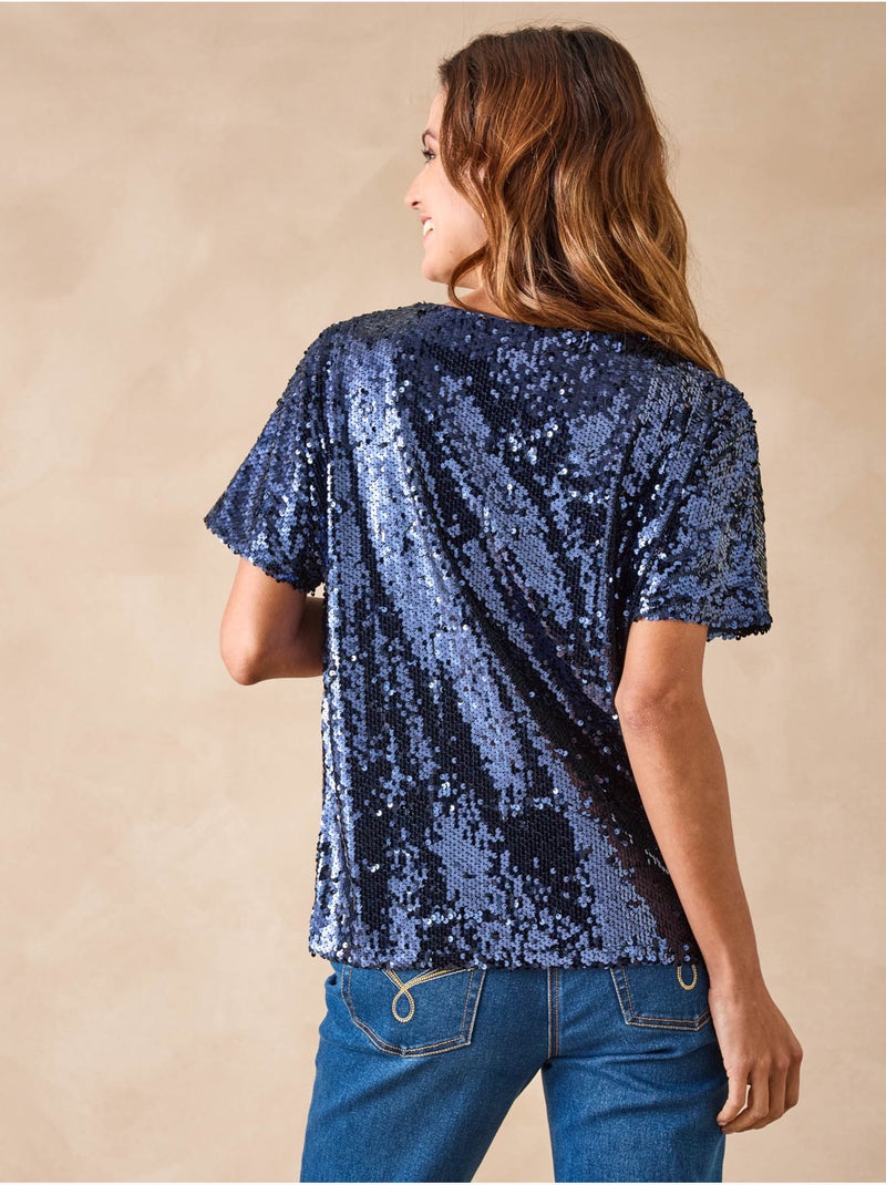 Tee-shirt manches courtes à sequins - DAXON Bleu marine - Kiabi