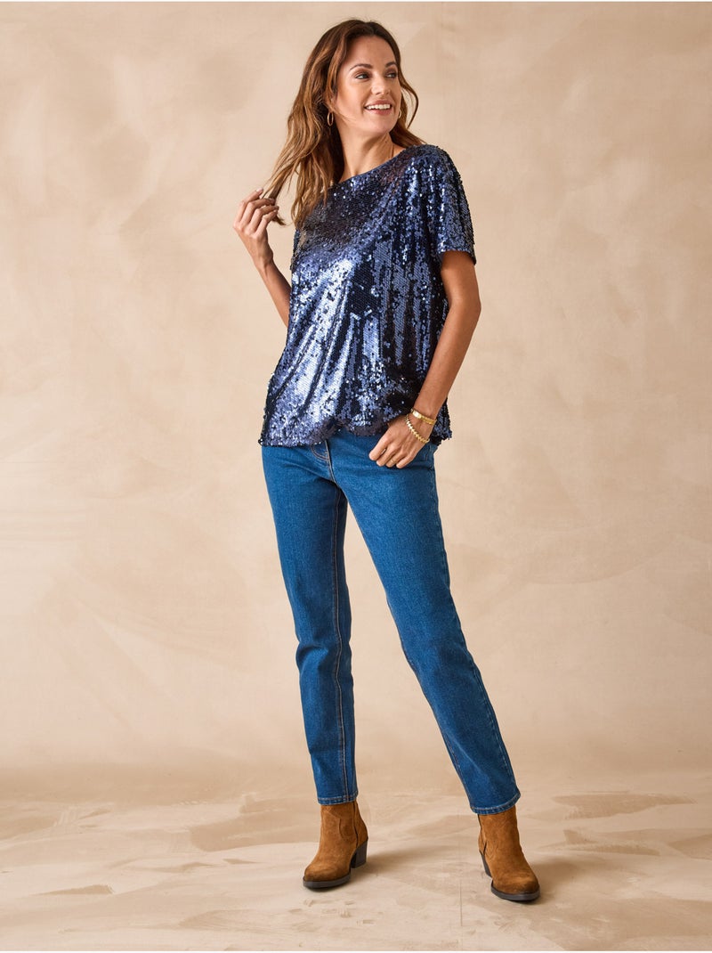 Tee-shirt manches courtes à sequins - DAXON Bleu marine - Kiabi