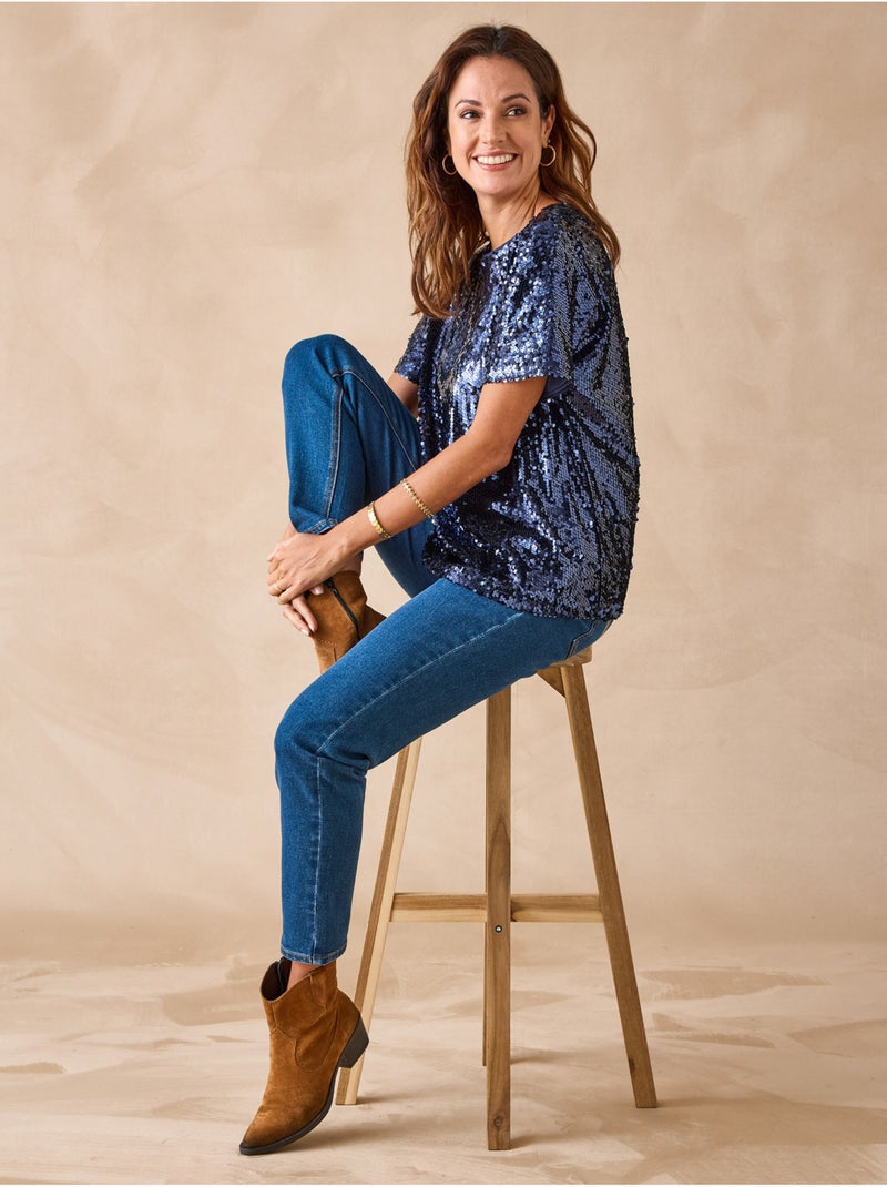Tee-shirt manches courtes à sequins - DAXON Bleu marine - Kiabi