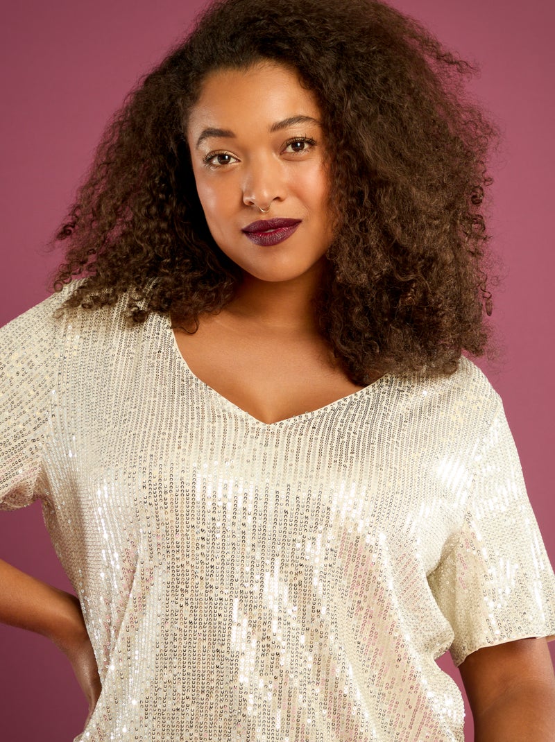 Tee-shirt manches courtes à sequins Beige - Kiabi