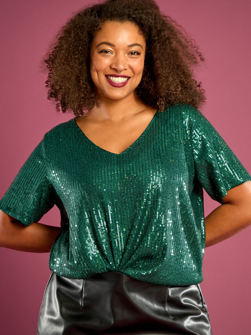 Tee-shirt manches courtes à sequins Vert - Kiabi